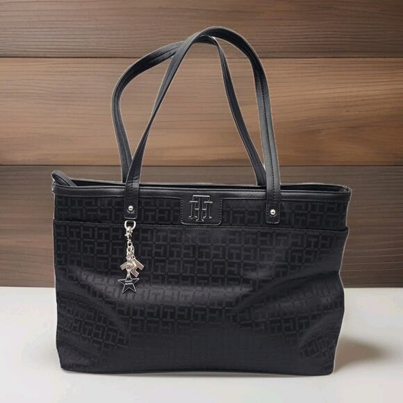 Tommy Hilfiger Large Handbag Preowned Black Logo Pattern - Picture 1 of 14